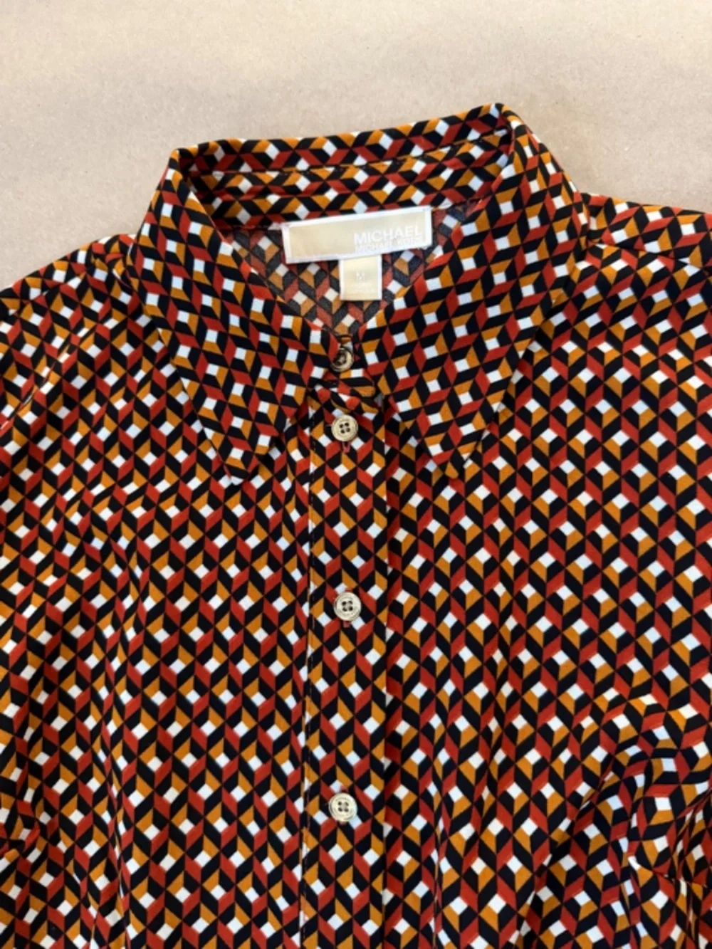 Michael Kors Geometric Print Shirt Dress Tie Waist Long Sleeve Brown